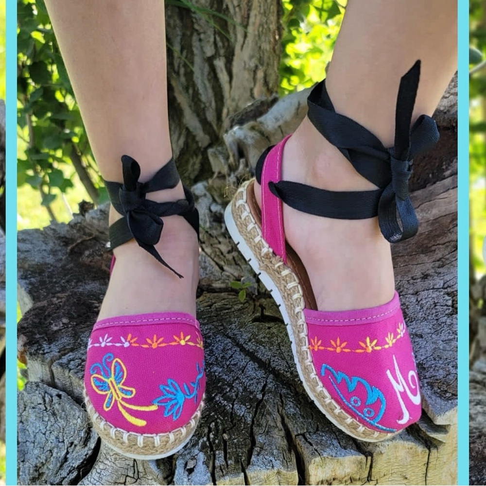 Chic Pink Embroidered Espadrilles with Black Ankle Ties